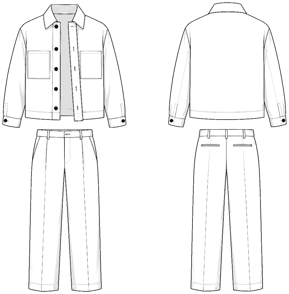 Technical flats of the Gemini Set jacket and trouser, front and back